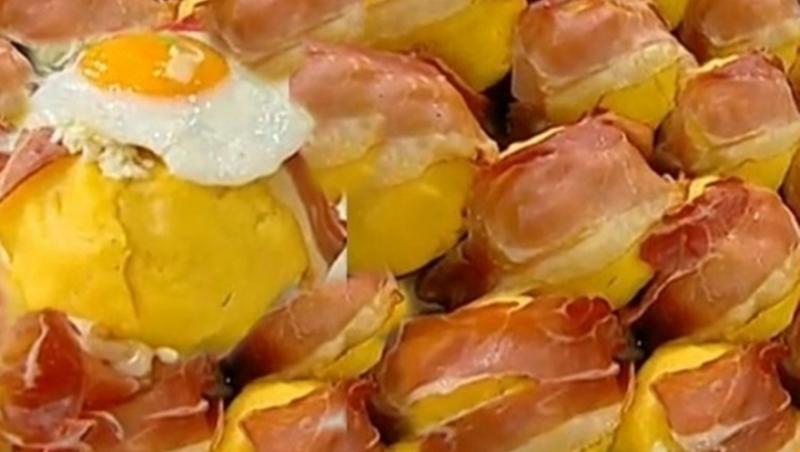 bulz cu brânză de burduf și cârnați afumați în manta de bacon afumat