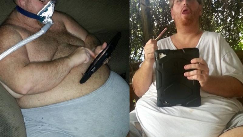 Zach Moore pe vremea când avea 226 kilograme, stând în haine de casă pe fotoliu, cu un aparat de oxigen la nas (stanga) sau stând pe banca in curtea casei, cu tableta in maini (dreapta)