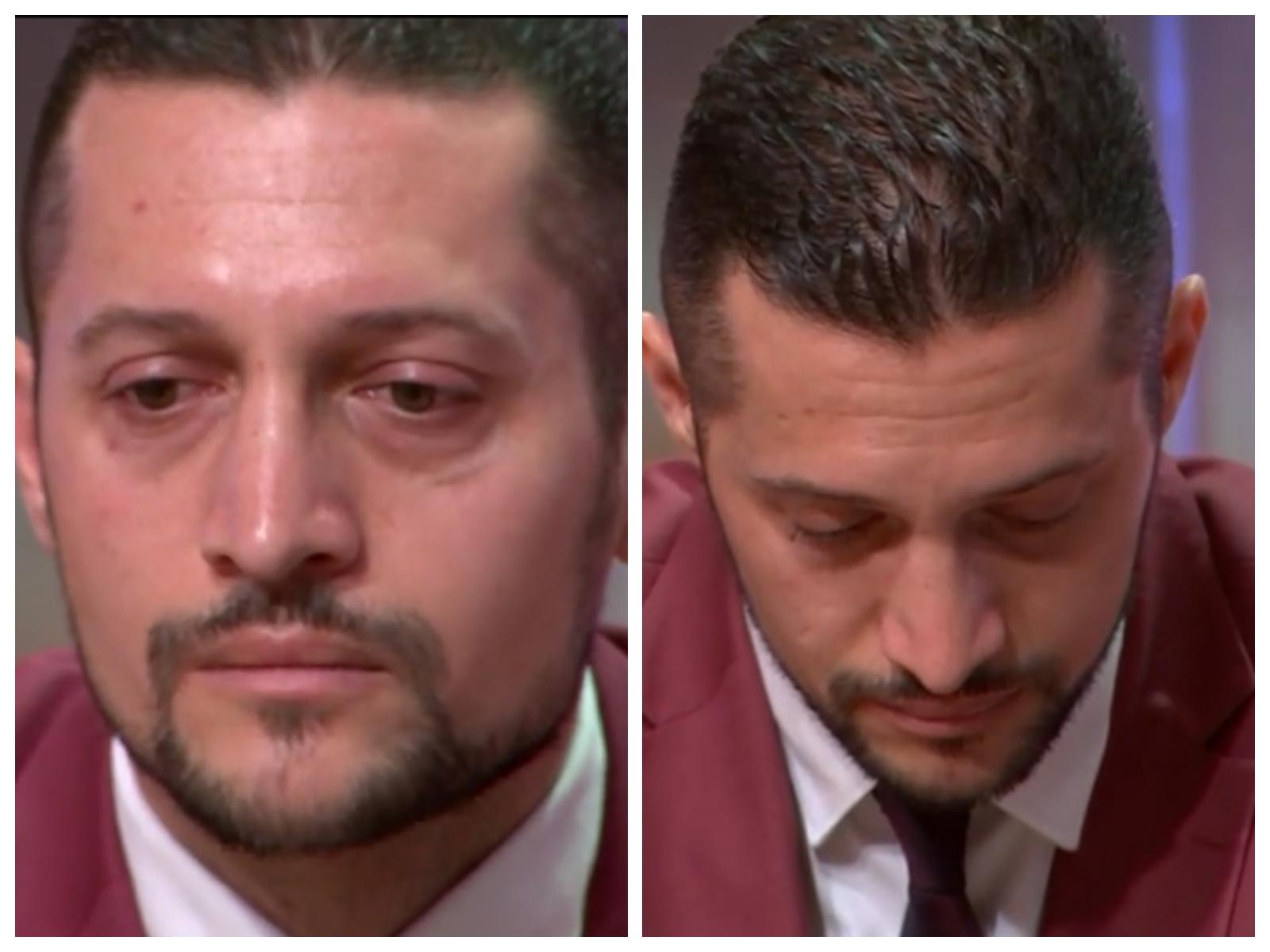 Mihai, purtând un sacou vișiniu, izbucnind în lacrimi