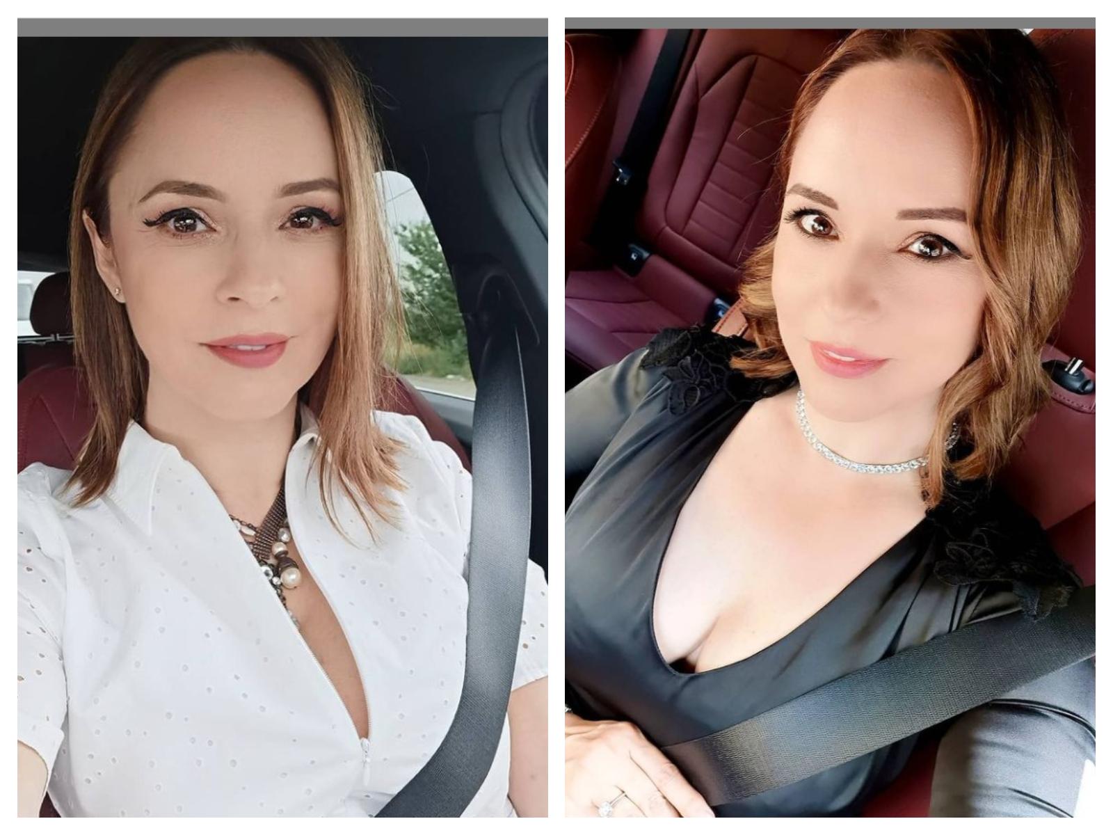 Andreea Marin, selfie-uri în mașină, purtând o cămașă albă, respectiv o rochie de piele neagră, cu decolteu adânc
