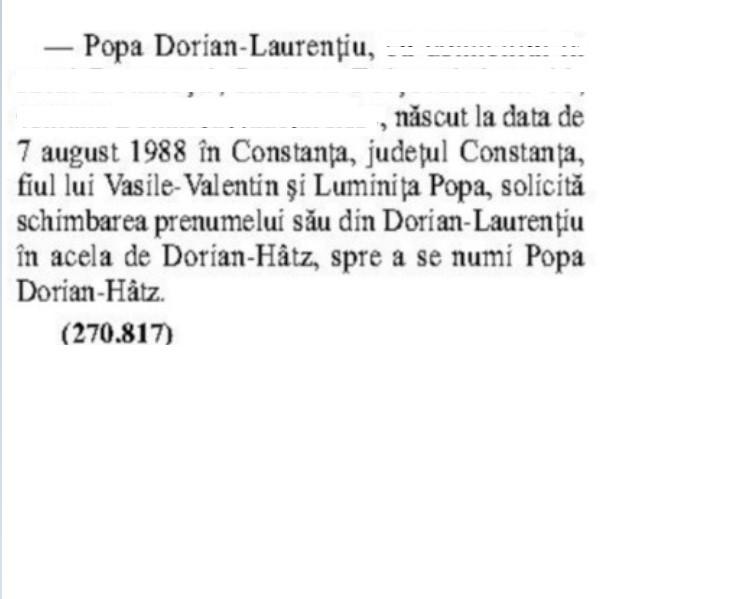 Dorian Popa a făcut cerere oficială să-și schimbe numele