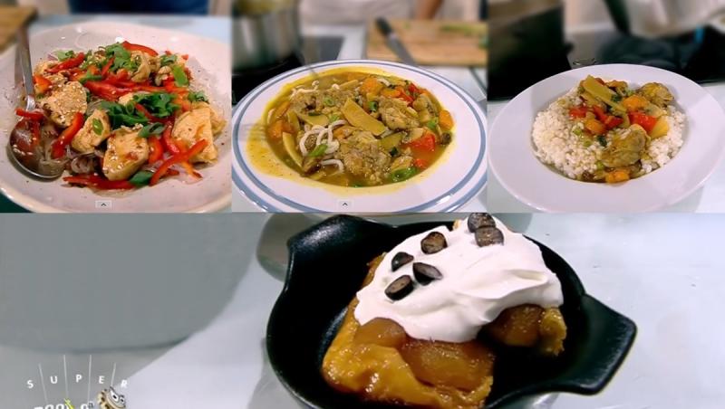 Colaj de poze cu cele trei moduri de prezentare al rețetei Curry Udon Noodle cu pui și ciuperci, dar și a tartei cu mere