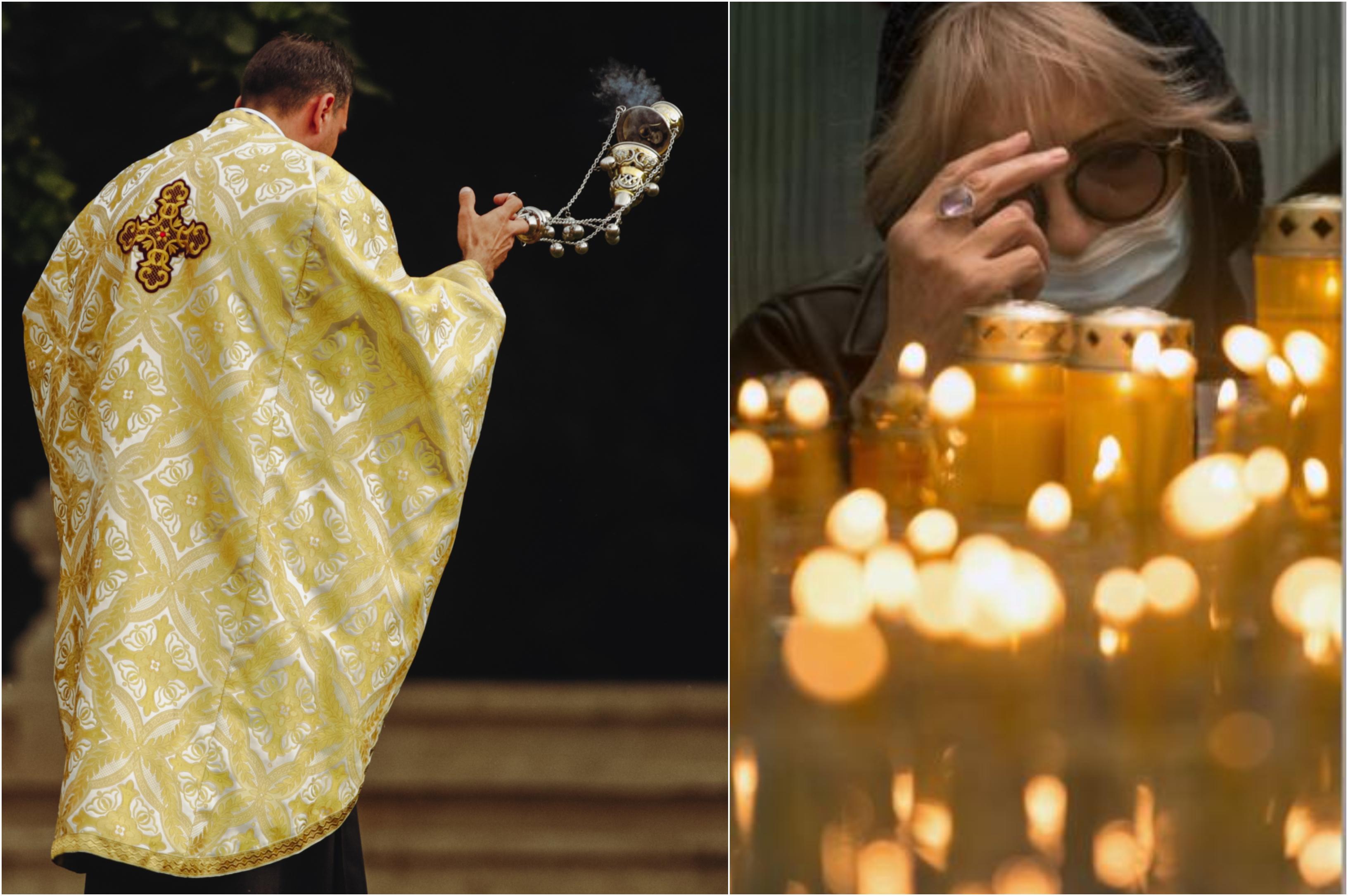 colaj de fotografii cu un preot care tămâiază și o femeie care își face cruce, înconjurată fiind de lumanari aprinse