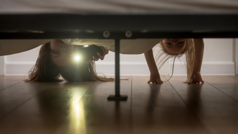 imagine cu o femeie privind sub pat cu o lanterna