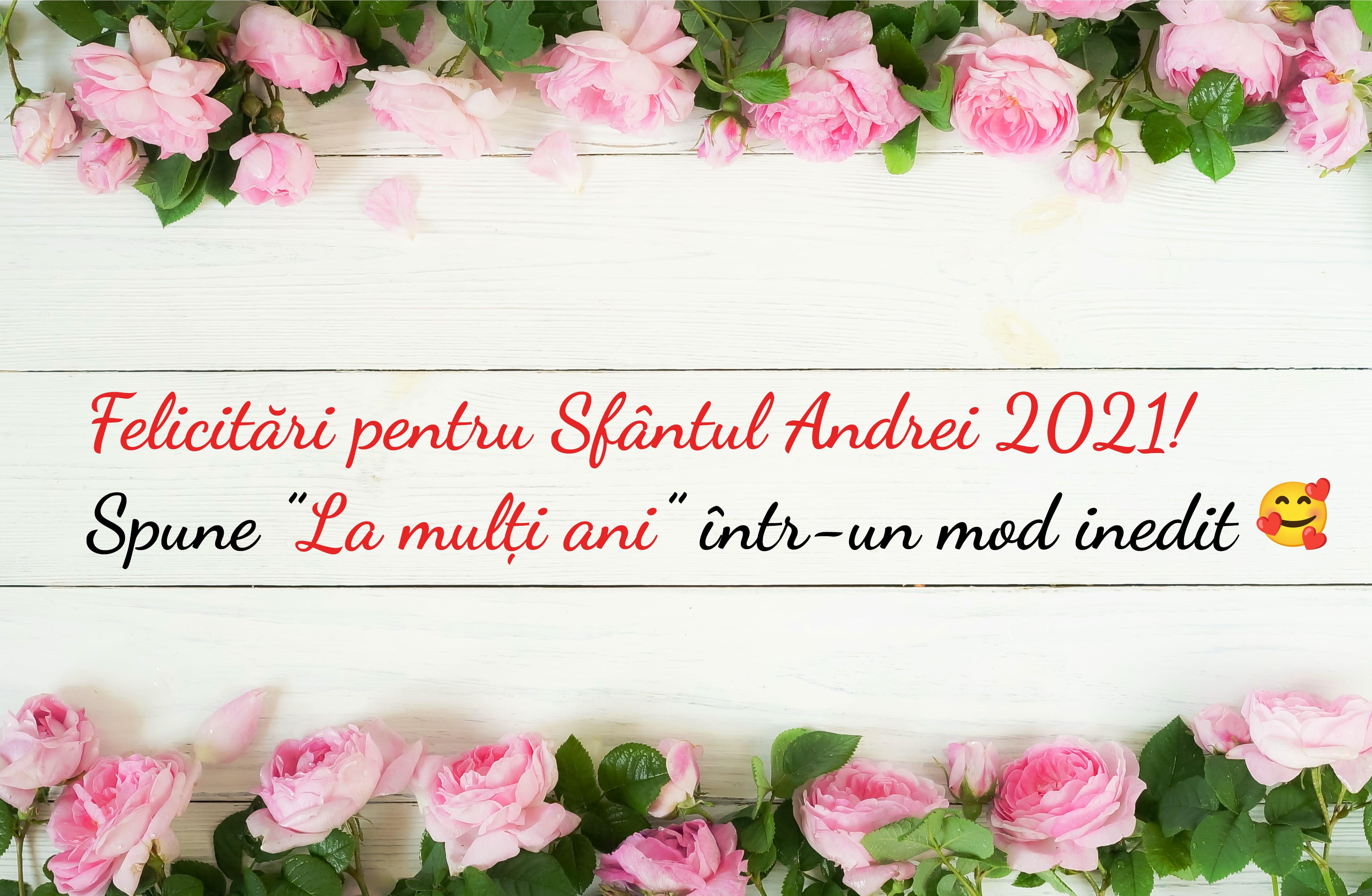 felicitare cu flori roz pe margini pe care scrie mesaje de sfantul andrei 2021
