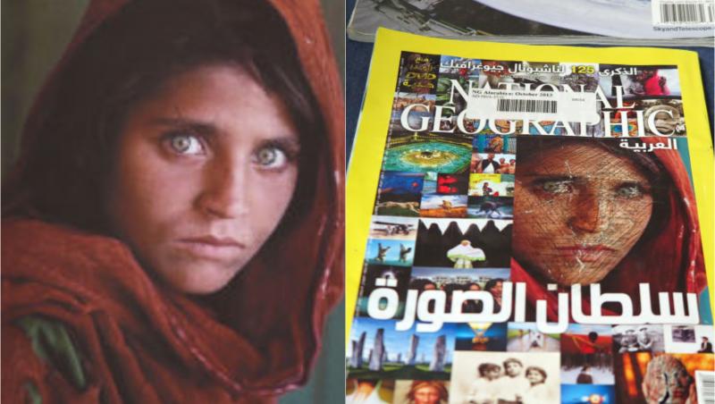colaj de fotografii cu Sharbat Gula, fetița afgană cu ochii verzi, care a reușit să plece din Afganistan