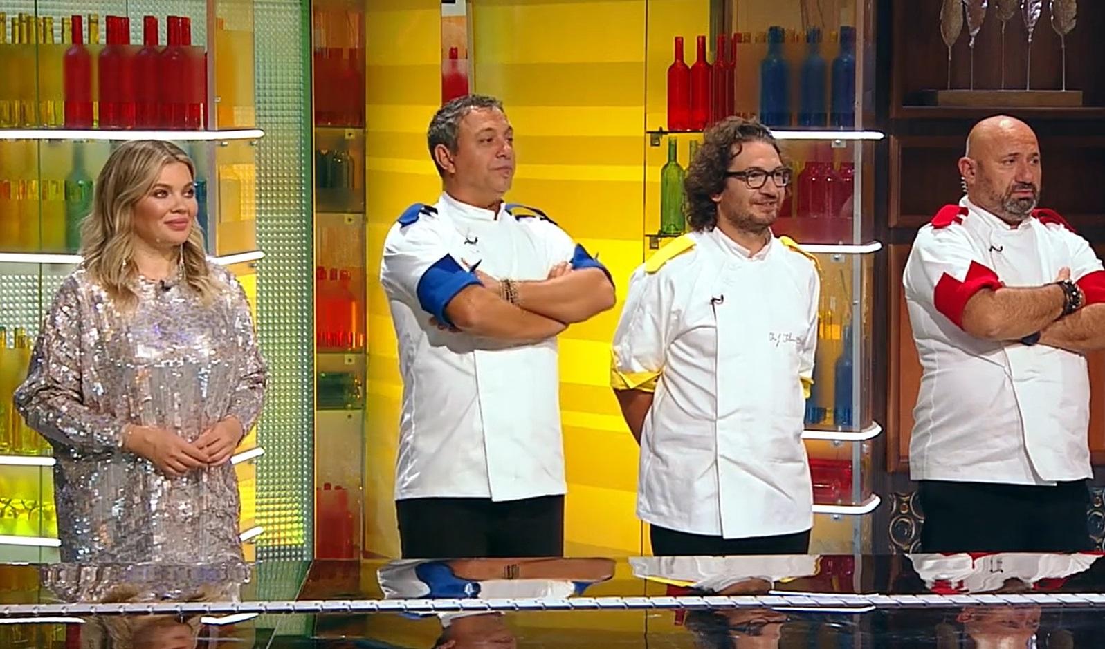 Gina Pistol alături de Sorin Bontea, Florin Dumitrescu și Cătălin Scărlătescu, la „Chefi la cuțite”