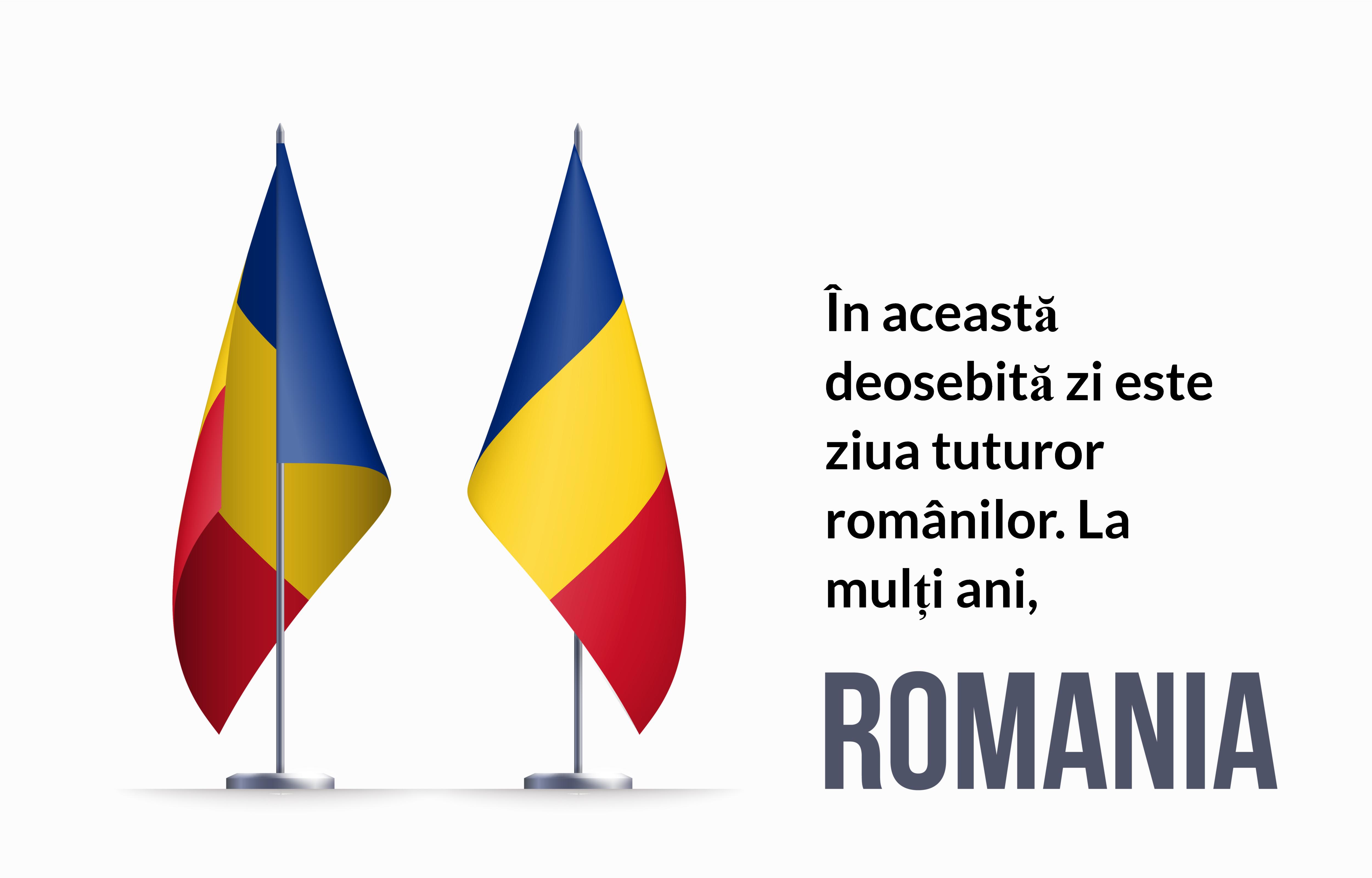 imagine cu doua steaguri ale romaniei si un mesaj patriotic de la multi ani