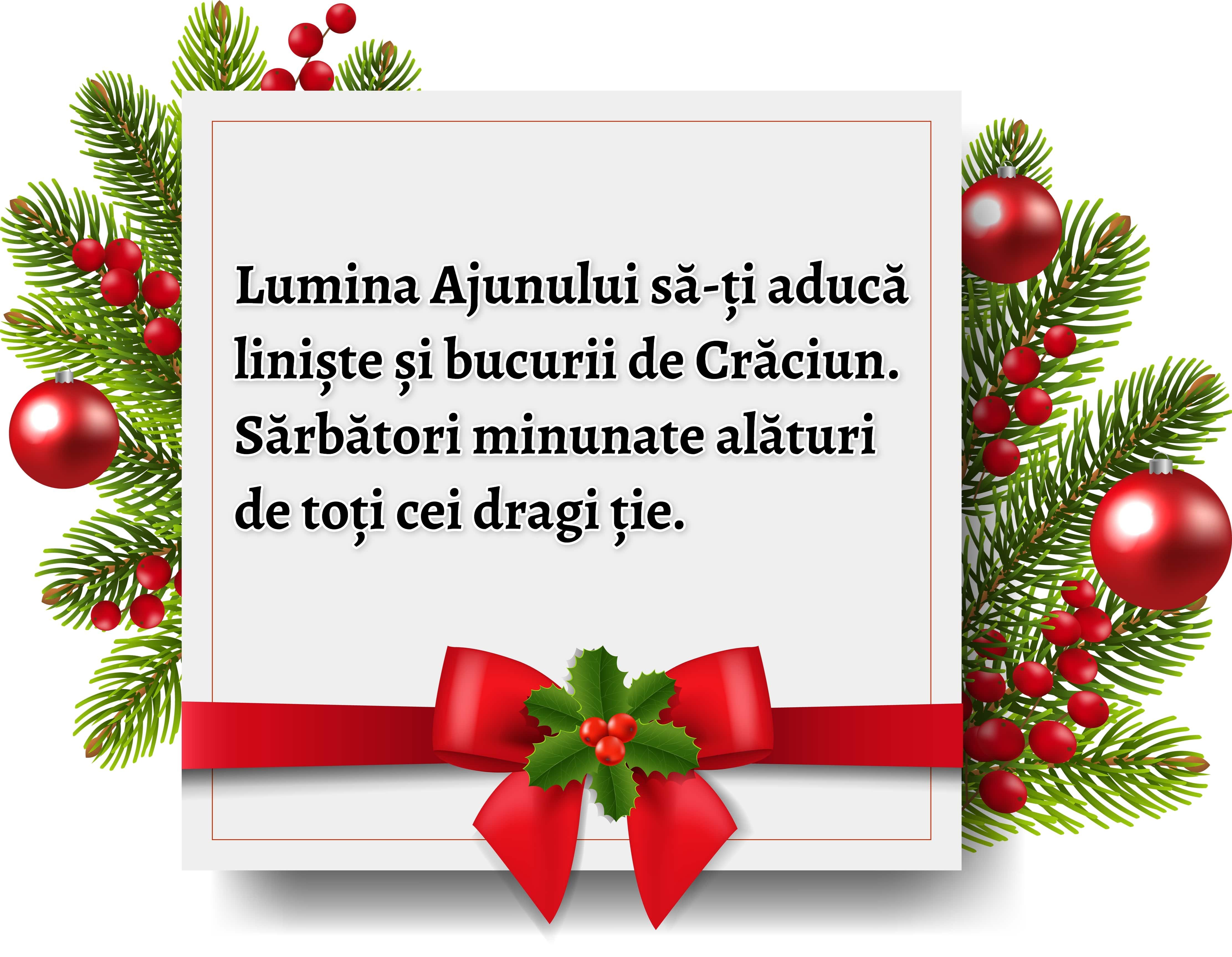 felicitare cu mesaje de craciun 2021, globuri rosii si crengute verzi de brad