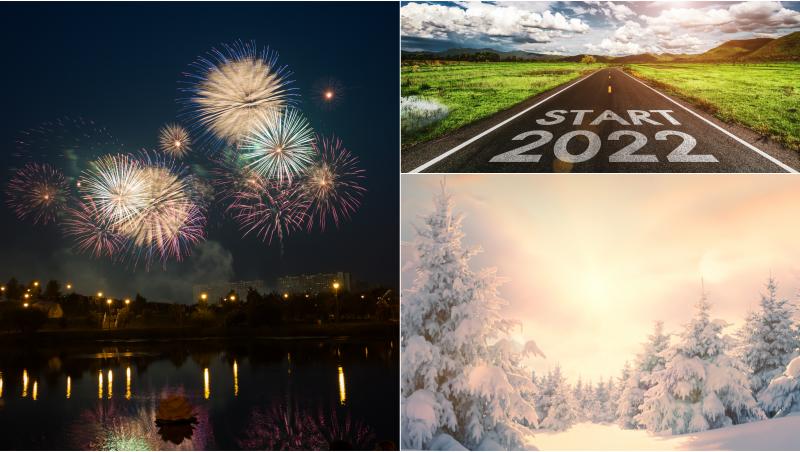 colaj de fotografii cu artificii de revelion 2022 si vremea in noul an, zapada si soare
