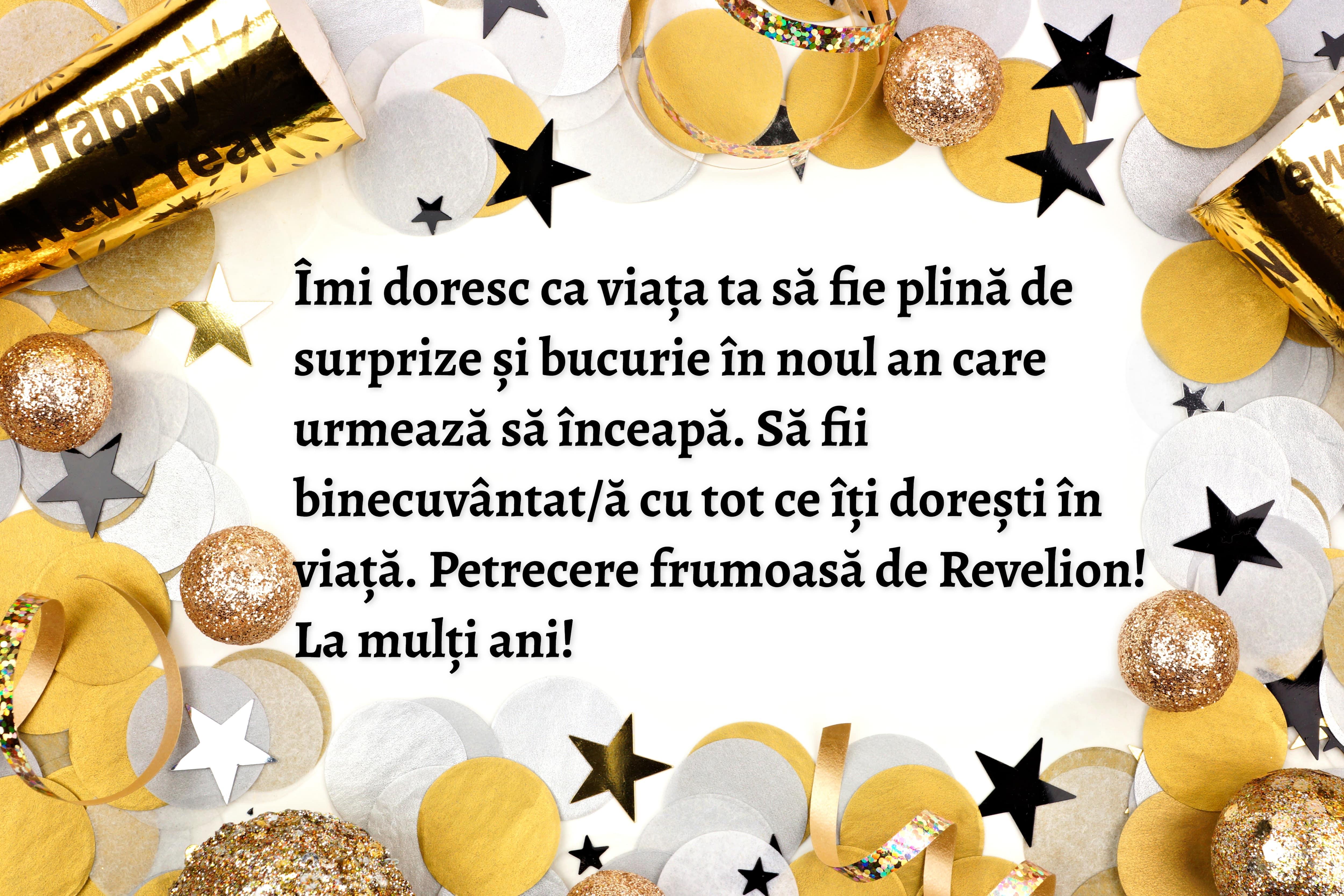 urare de revelion 2022 cu mesaj la multi ani pe o felicitare cu auriu