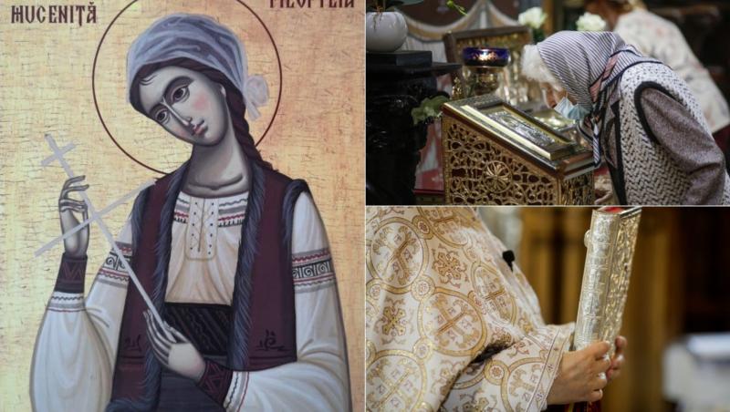 colaj de imagini cu icoana sfintei filofteia, un preot, cartea sfanta si o femeie care se inchina