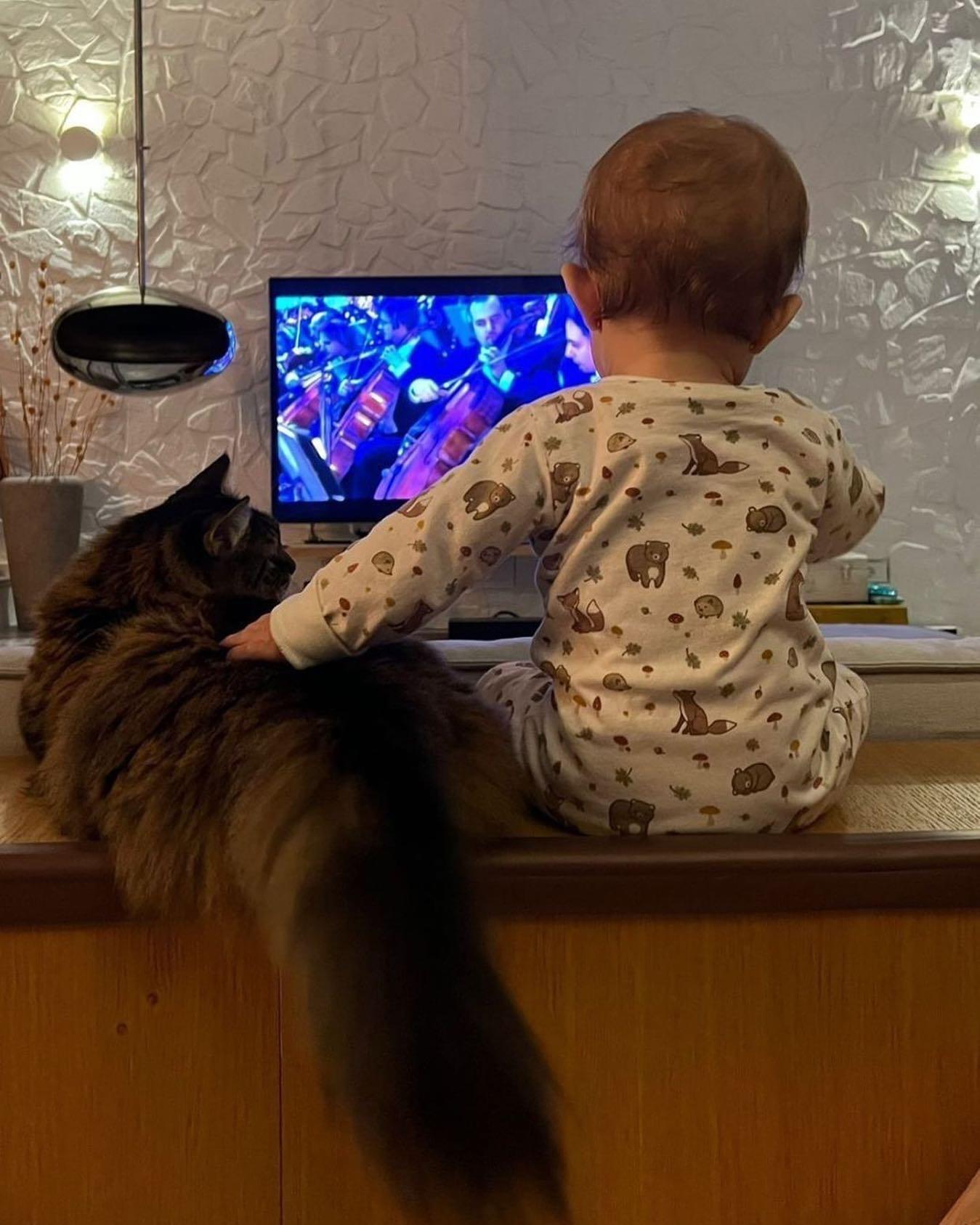 fiica lui smiley se uita la tv si mangaioe pisica
