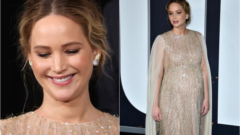 Jennifer Lawrence și-a făcut apariția la premiera filmului Don't Look Up alături de colegul său Leonardo DiCaprio. La gala de la New York, ea s-a strălucit într-o rochie frumoasă sclipitoare, cu franjuri și și-a afișat pentru prima dată burtica de gravidă.