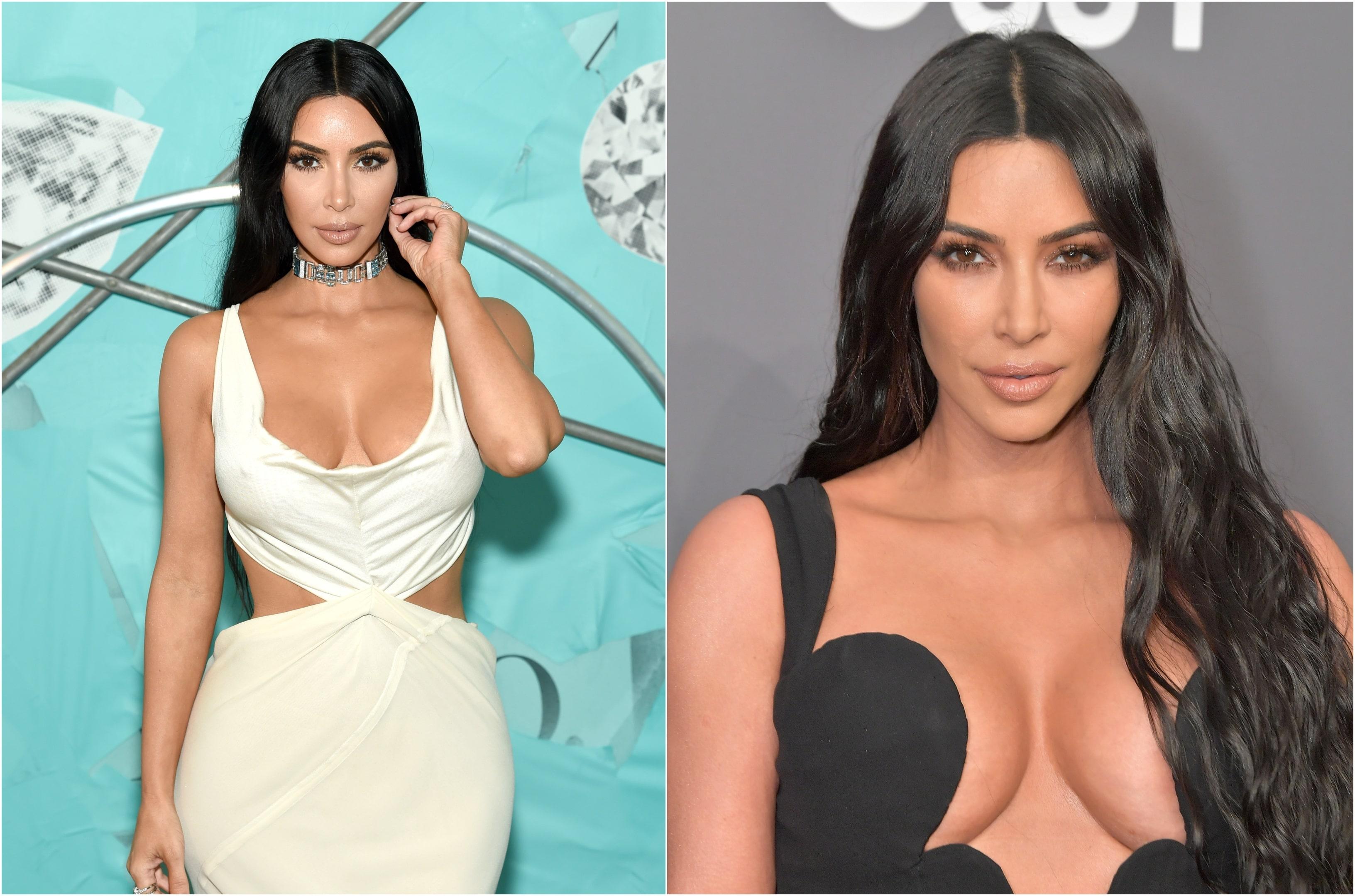 Colaj Kim Kardashian, rochie alba si rochie neagra cu decolteu