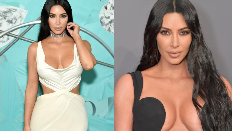 Colaj Kim Kardashian, rochie alba si rochie neagra cu decolteu