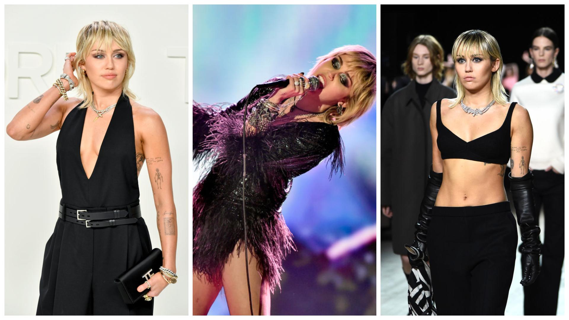 Colaj cu Miley Cyrus, purtând trei ținute negre, care îi scot în evidență formele și silueta
