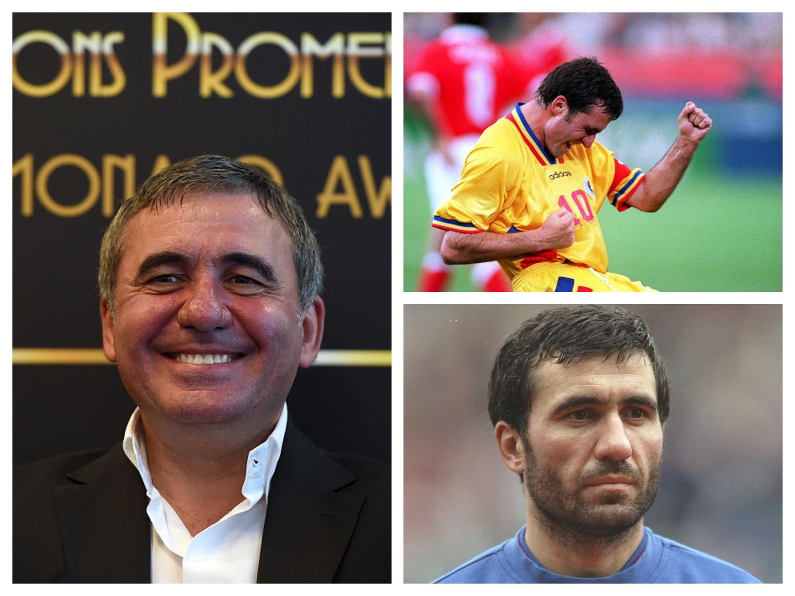 Colaj cu Gheorghe Hagi: Imagine din 2015, purtând sacou negru și cămașă albă, din 1994 și din 1997, pe terneul de fotbal