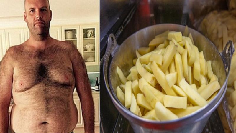 colaj foto cu Andrew Flinders Taylor  la 151 de kilograme și o poză ilustrativă cu cartofi