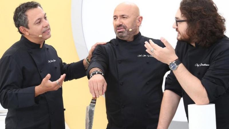 Chefii Florin Dumitrescu, Sorin Bontea și Cătălin Scărlătescu, în platoul emisiunii Chefi la cuțite