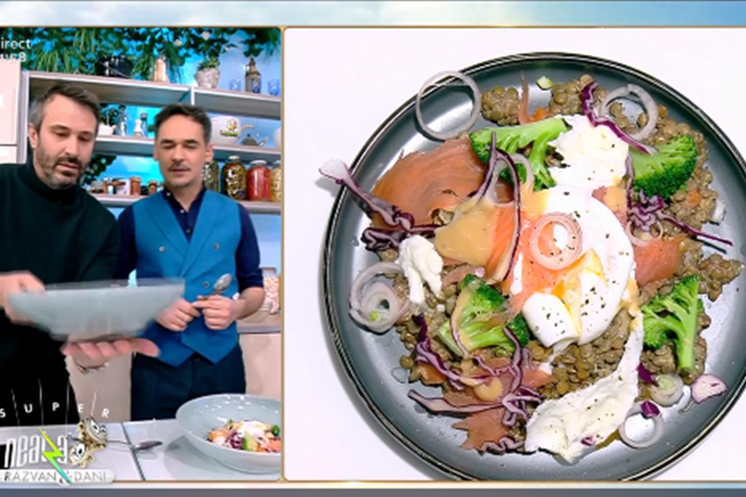 Salată de linte cu somon și ou poșat, rețeta lui Nicolai Tand
