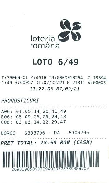 bilet norocos cu rezultatele loto 6/49 castigatoare