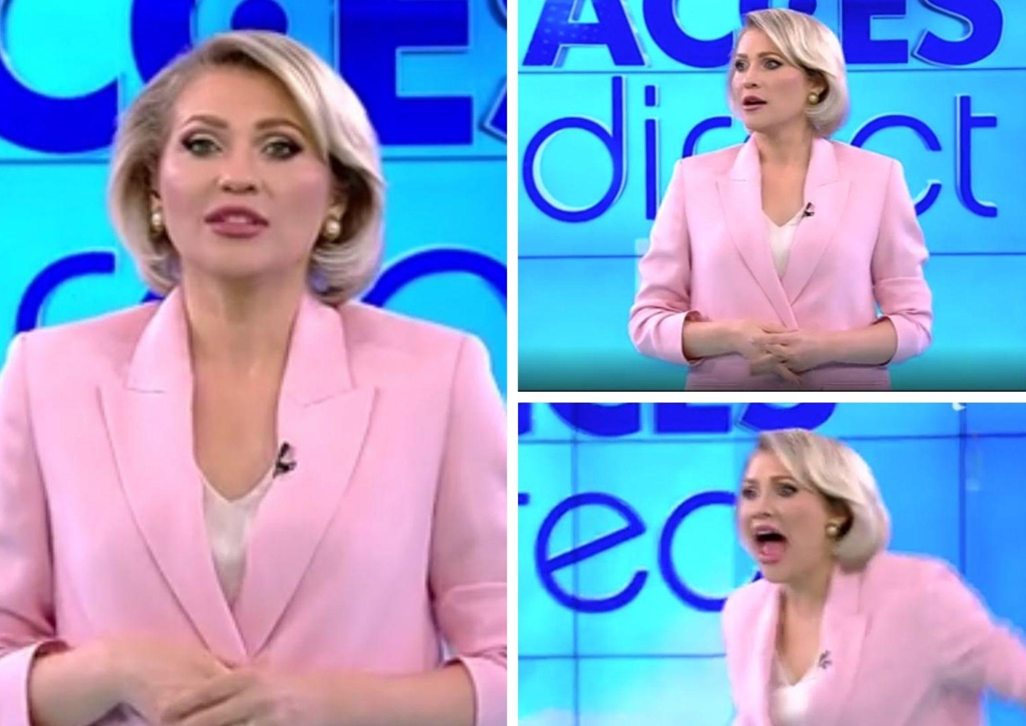 Mirela Vaida într-un sacou roz în cadrul emisiunii Acces Direct