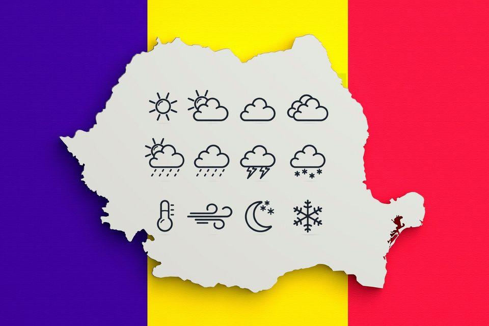 Harta României ce are in fundal steagul