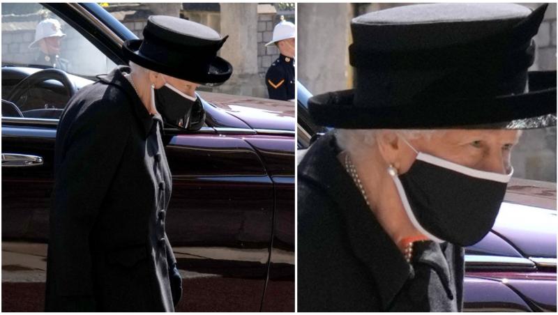 Regina Elisabeta, purtând doliu, la funerariile Prințului Philip