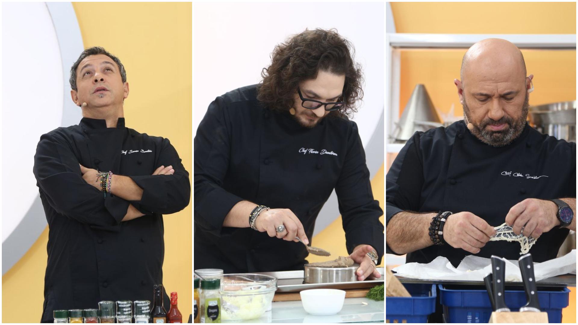 Chefii Florin Dumitrescu, Sorin Bontea și Cătălin Scărlătescu, în platoul emisiunii Chefi la cuțite, gătind