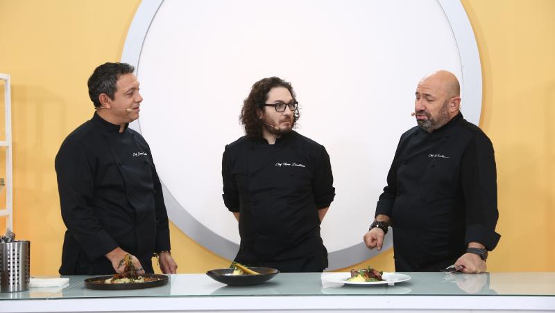 Sorin Bontea, Florin Dumitrescu și Cătălin Scărlătescu, la proba de degustare pentru amuleta 26 de la „Chefi la cuțite”, sezonul 9