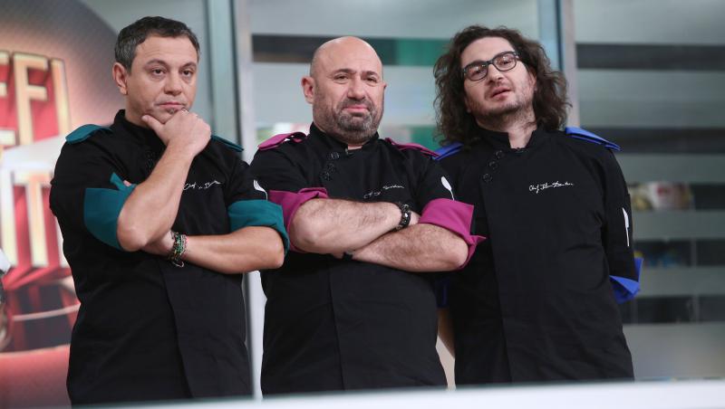 Sorin Bontea, Florin Dumitrescu și Cătălin Scărlătescu in bucataria de la „Chefi la cuțite”