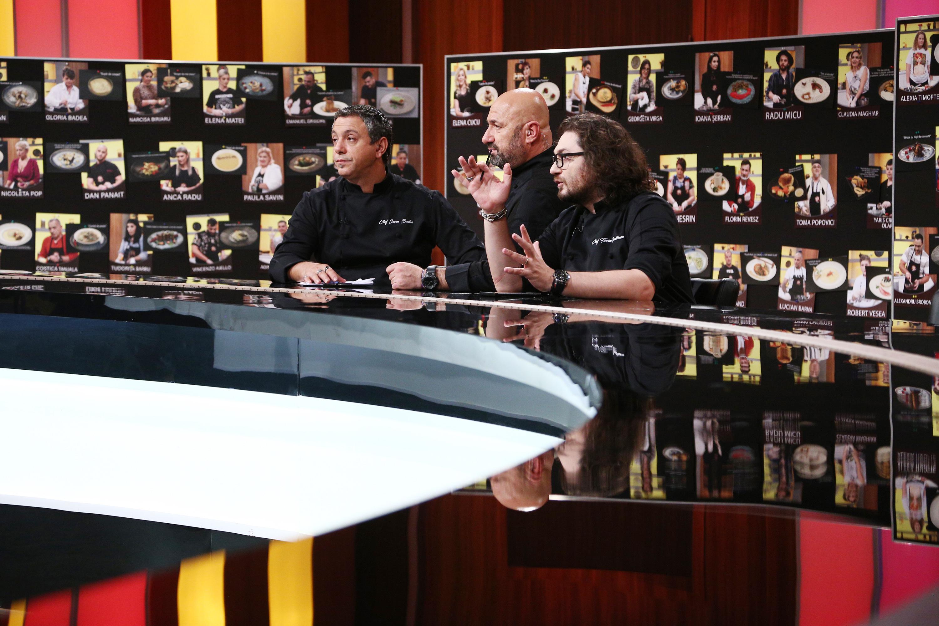 Sorin Bontea, Florin Dumitrescu și Cătălin Scărlătescu în platoul emisiunii „Chefi la cuțite”, sezonul 9