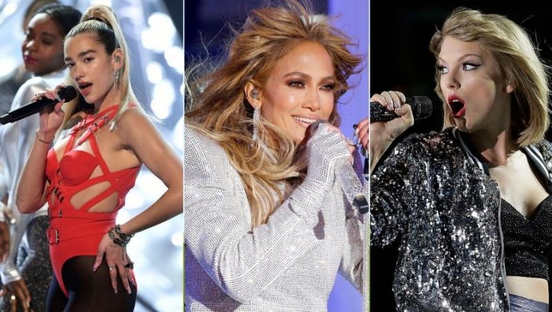 Colaj de trei fotografii cu Dua Lipa, Jennifer Lopez si Taylor Swift, fotografii din concertele lor
