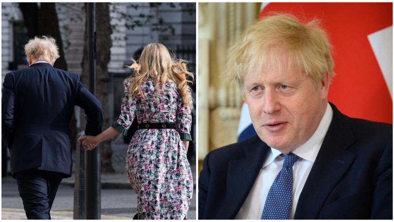 Colaj cu Boris Johnson îmbrăcat la costum și Carrie Symonds  în rochie înflorată, cu spatele