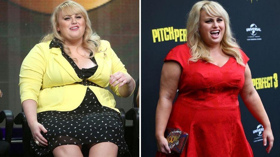 Colaj de două fotografii cu Rebel Wilson, în ambele este supraponderală