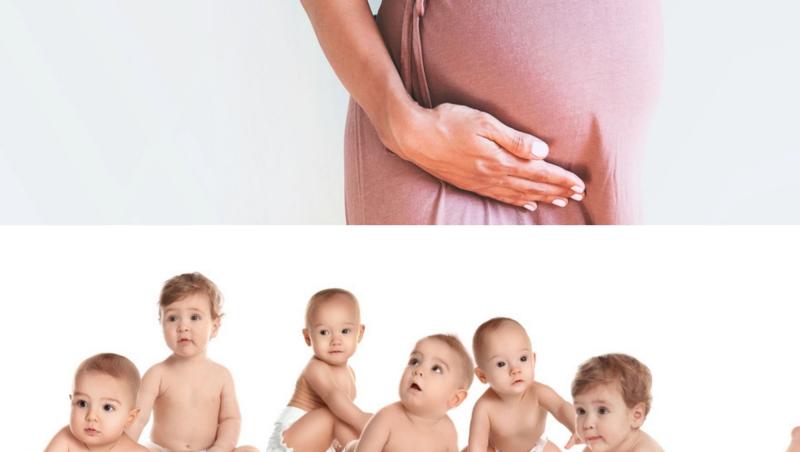 colaj de imagini cu o femeie insarcinata si sase bebelusi