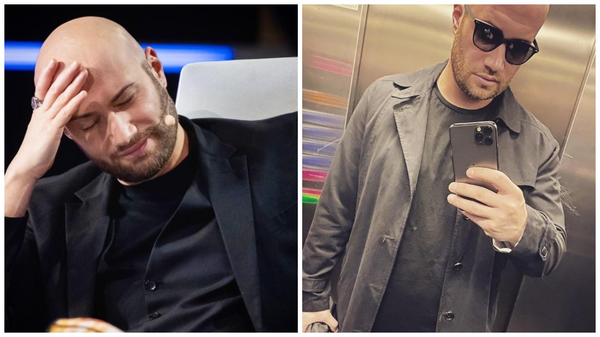 Colaj cu Mihai Bendeac îmbrăcat în negru la iUmor și în gri, în lift