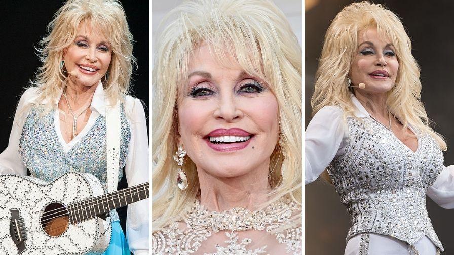 Colaj de trei fotografii cu Dolly Parton în concerte