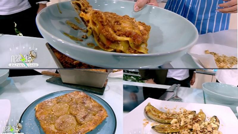 Colaj de poze cu preparatele lui Nicolai la Neatza cu Răzvan și Dani: lasagna, tartă cu ceapă și banane caramelizate
