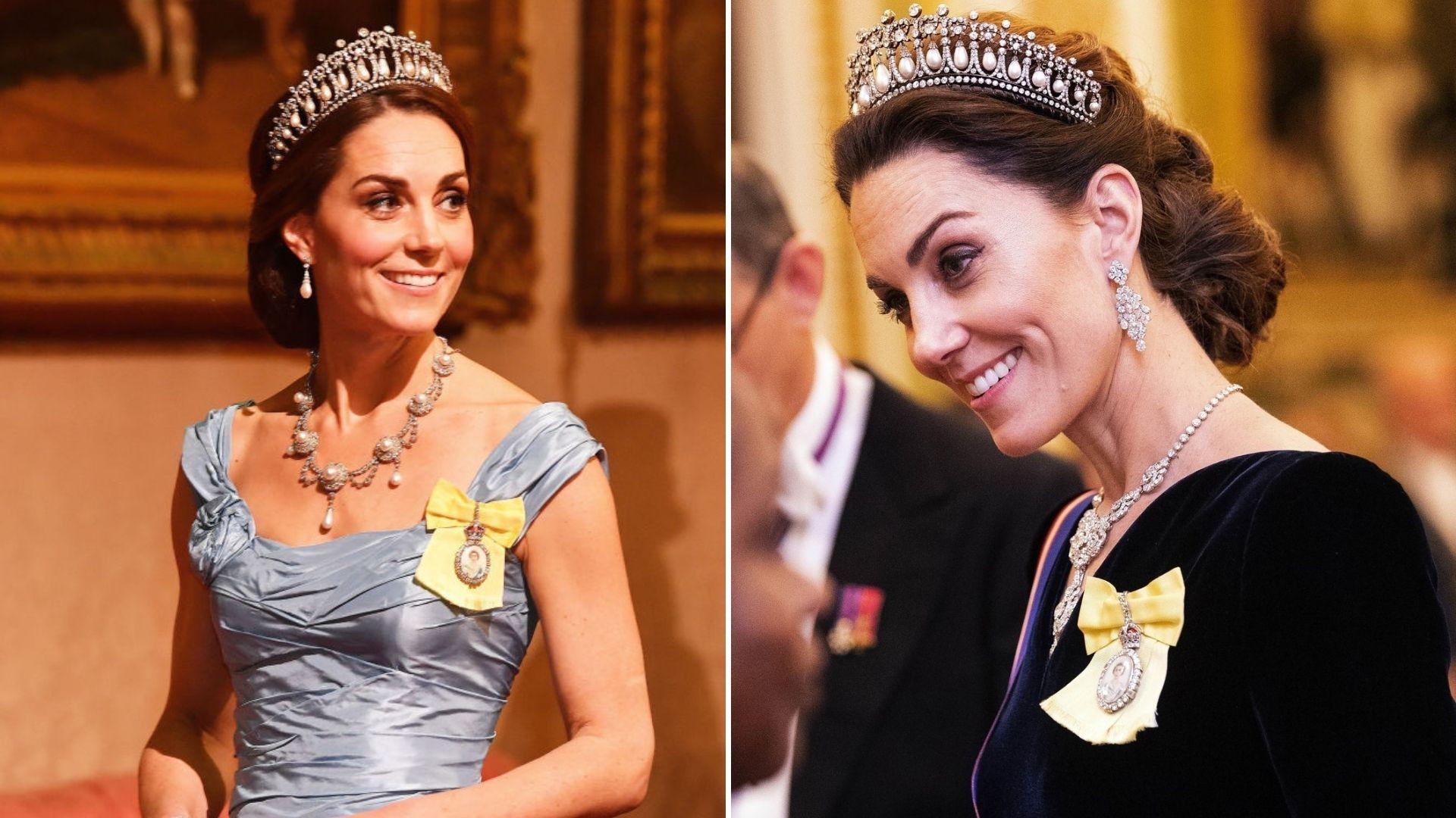 Colaj de două fotografii cu Kate Middleton, îmbrăcată elegant, accesorizată cu bijuterii