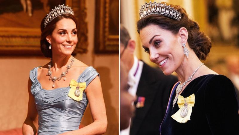 Colaj de două fotografii cu Kate Middleton, îmbrăcată elegant, accesorizată cu bijuterii
