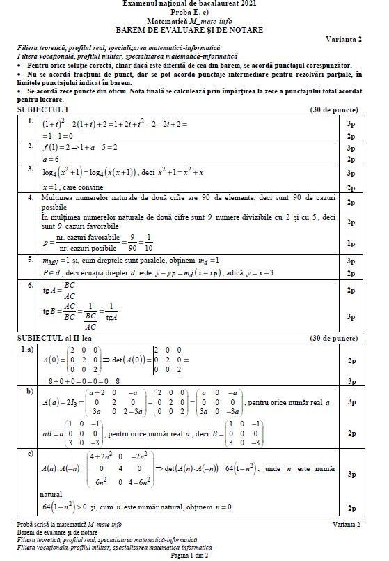 baremul de corectare la matematica la bacalaureat 2021