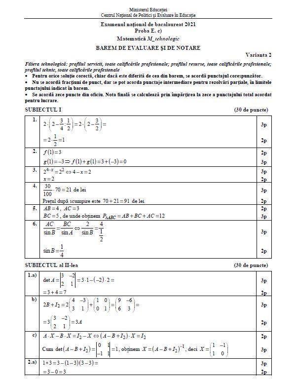 baremul de evaluare la matematica tehnologic la bacalaureat 2021