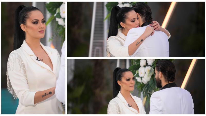 Simona Bălăceanu și Andi Constantin în haine albe, se îmbrățișează