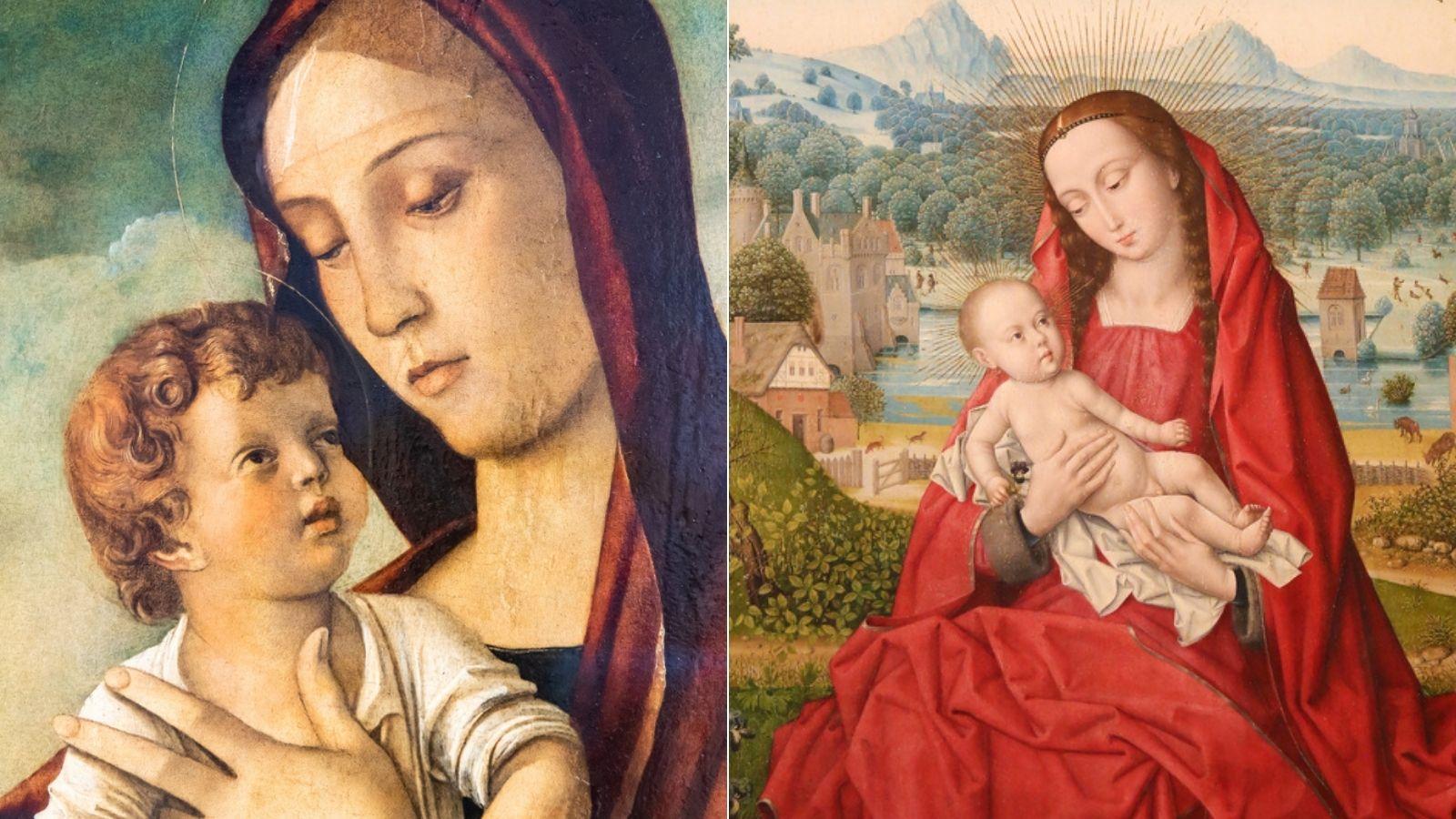 colaj doua picturi medievale cu fecioara maria si pruncul iisus