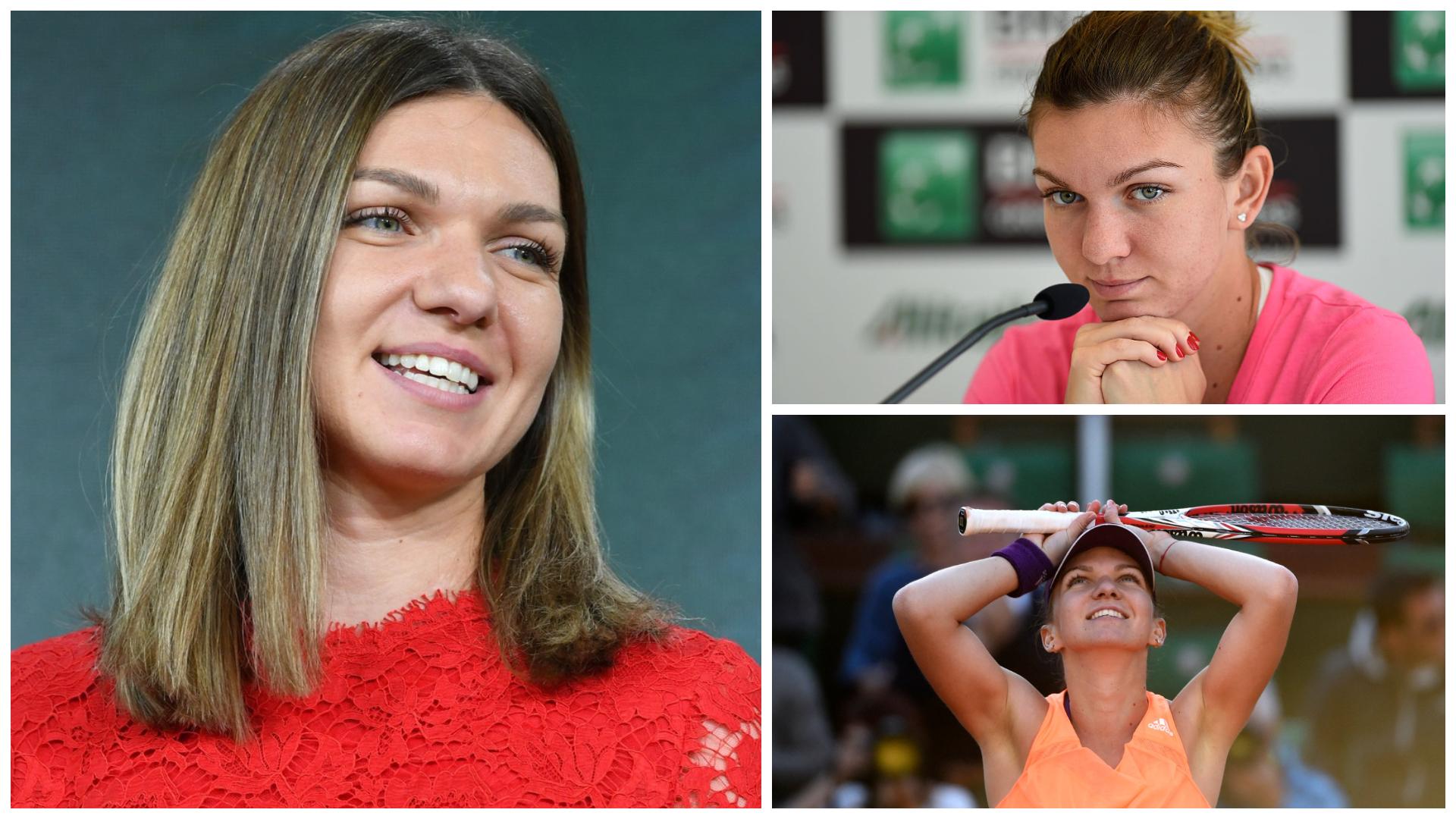 Colaj cu Simona Halep, îmbrăcată în roșu, roz și portocaliu