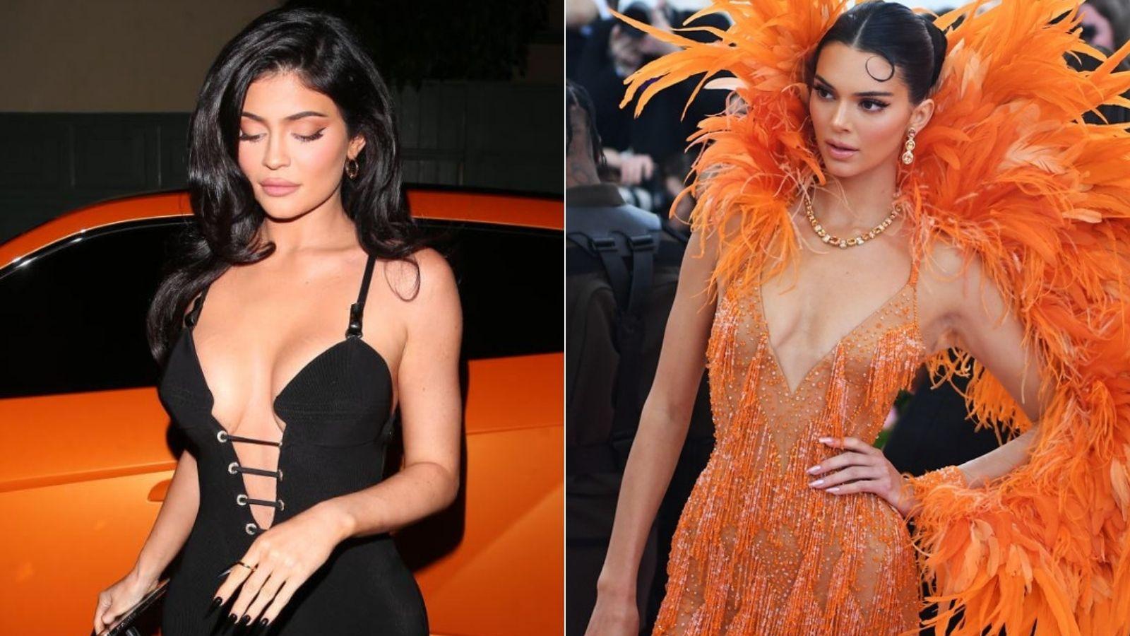colaj kylie jenner in rochie neagra si kendall jenner in rochie portocalie