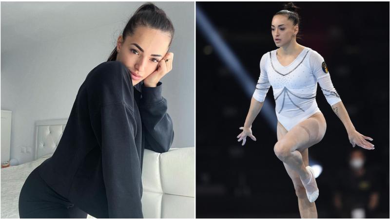 Colaj cu Larisa Iordache, selfie în negru și în costum de gimnastică