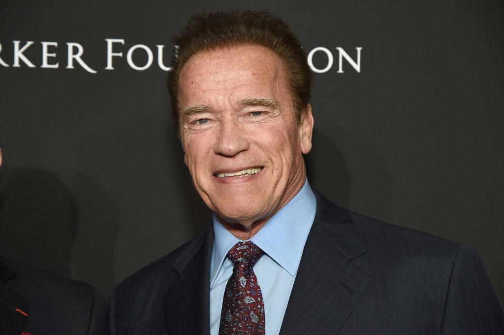 Arnold Schwarzenegger, la costum, zâmbește către camera foto